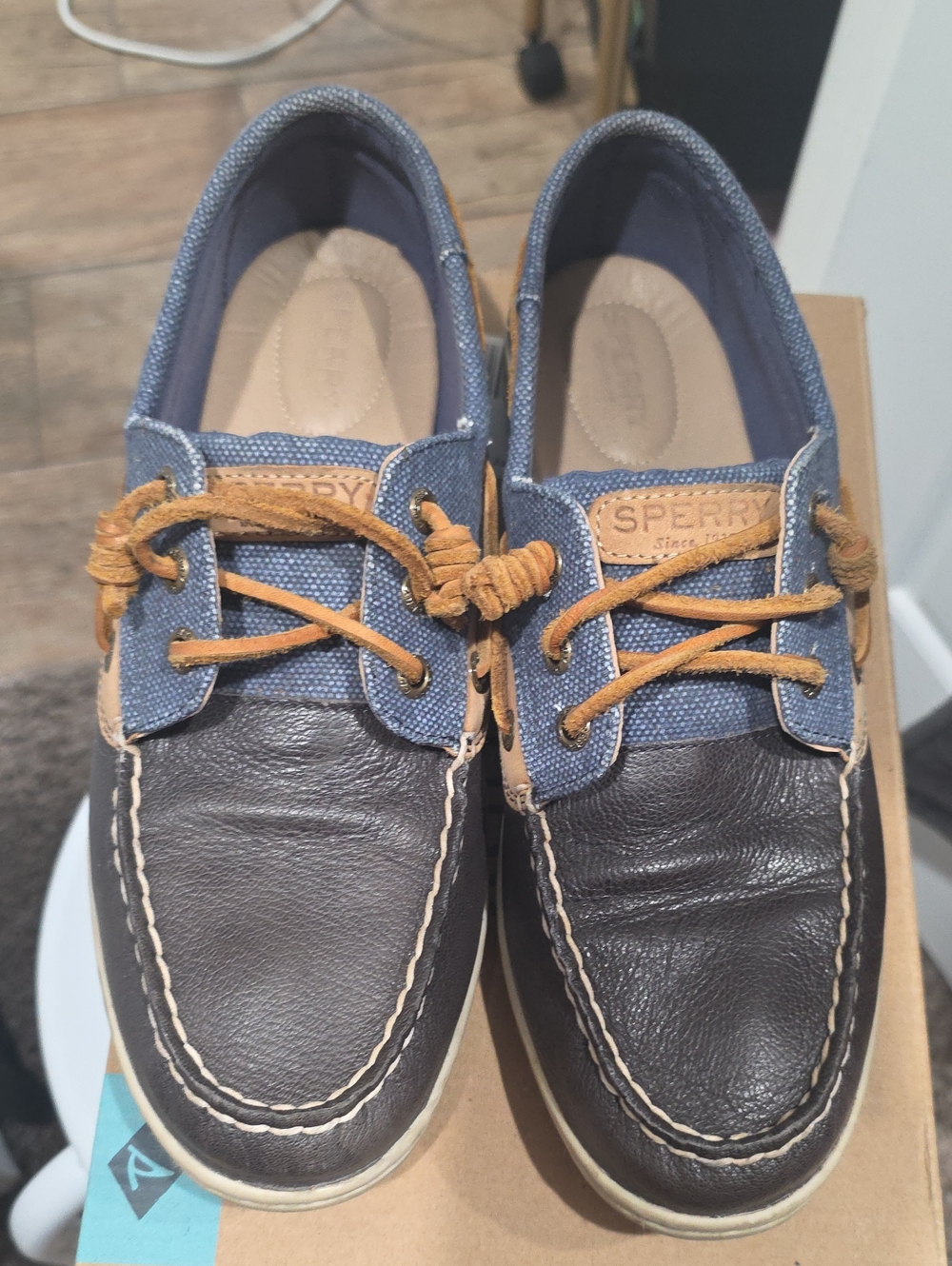 Sperry Brown Leather and Blue Canvas Men's Boat Shoes with Tan Laces